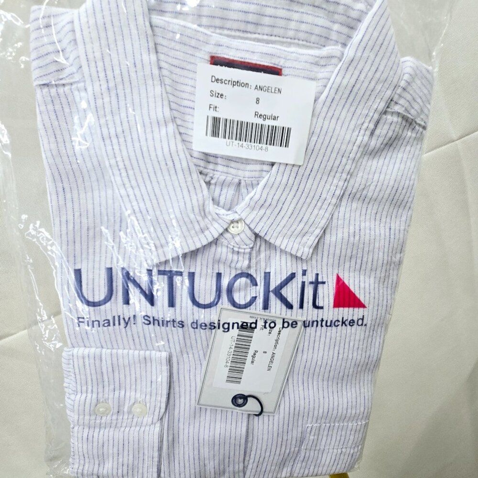 NWT UNTUCKit ANGELEN BLUE WHITE PINSTRIPE 55% COTTON 45% TENCEL COLLARED SHIRT 4
