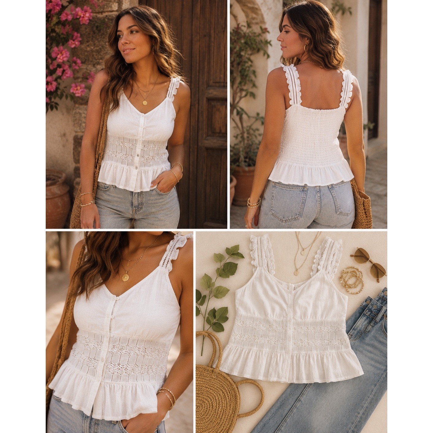 Adiva White Crochet Lace Smocked Back Peplum Button Front Tank Top Large