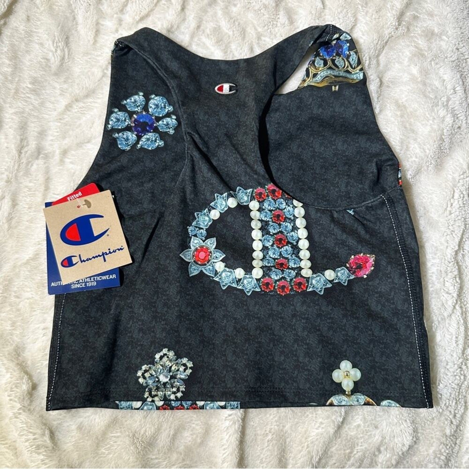 Champion Size S jewel bling NWT Gray Black Tank Top Athletic Sports Bra yoga