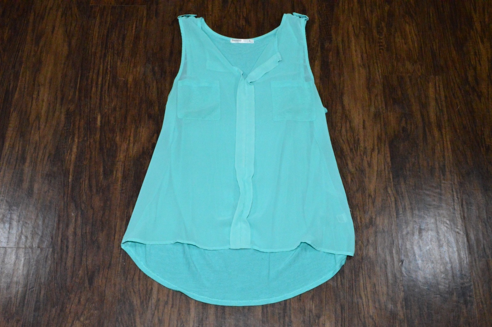 Femme by Tresics Teal Sheer Tshirt Blouse Sleeveless Tank Top Womens Size Large