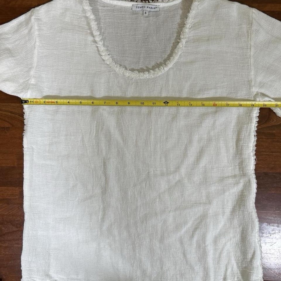 Tempo Paris White Linen Tunic Top Womens Size Small Frayed Edge 3/4 Sleeve