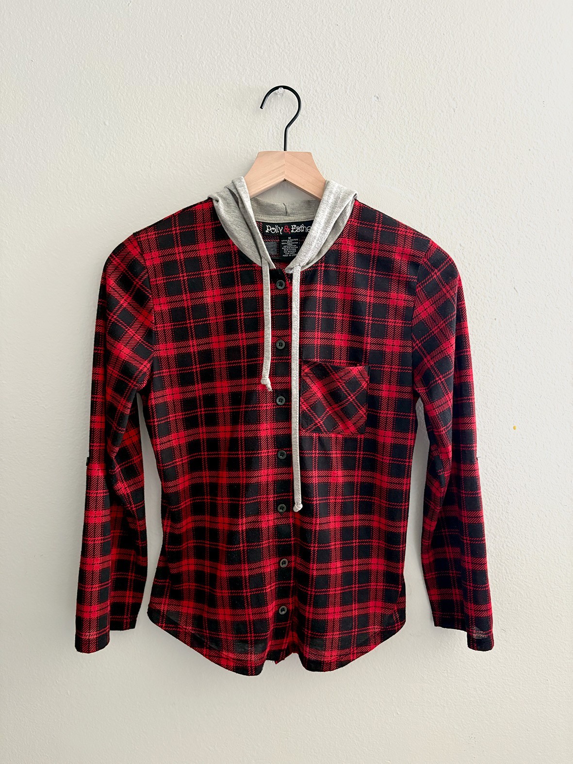 Hooded Plaid Red Black Flannel Shirt Jacket | Polly & Esther Petite Medium