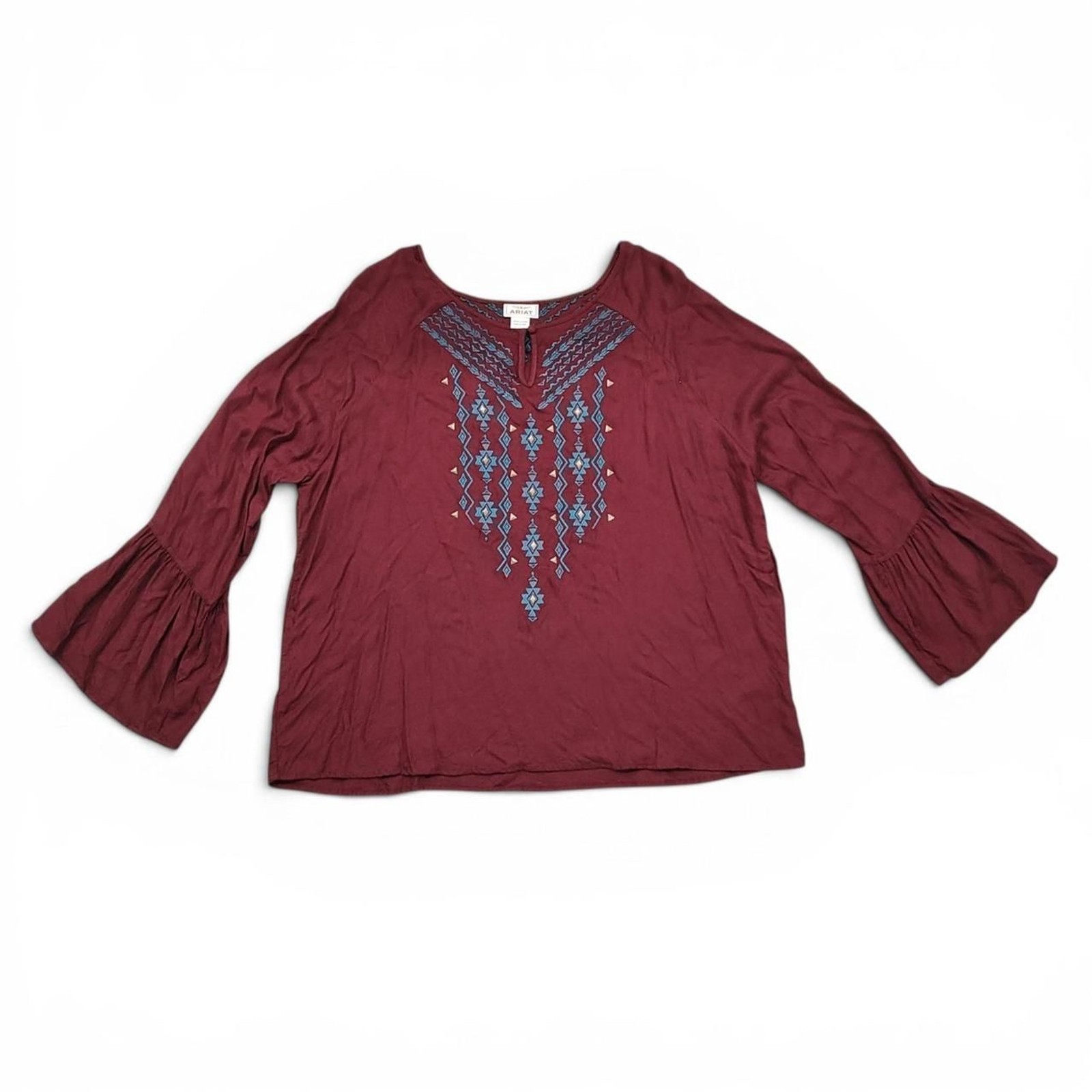 ARIAT Women XXL Maroon Embroidered Boho Western Blouse Bell Sleeve Flaw See Pics