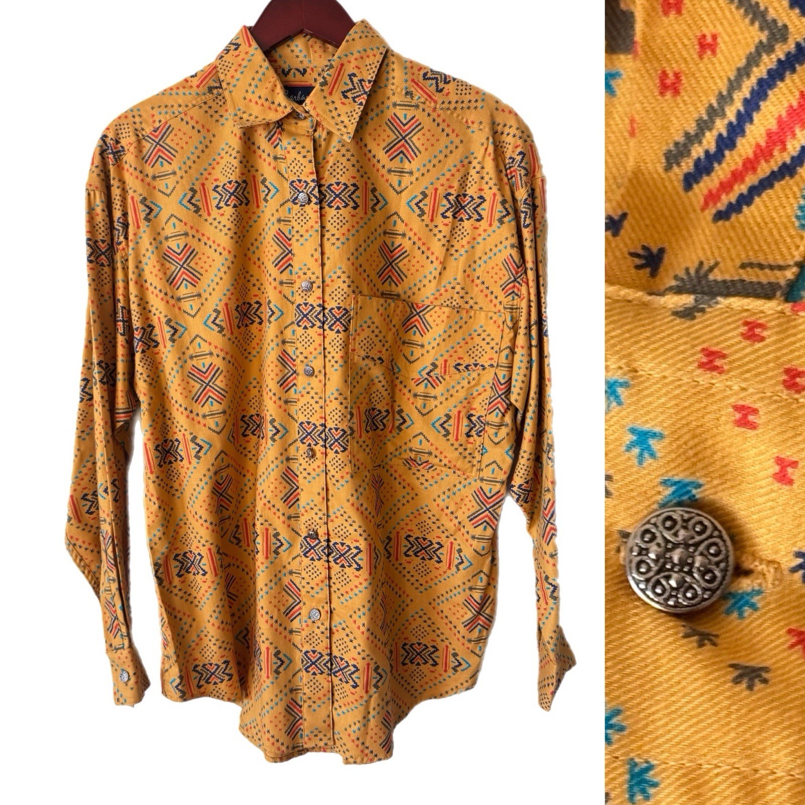 Barbara Blue Rare Vintage Western Shirt Engraved Buttons Hong Kong Sz M