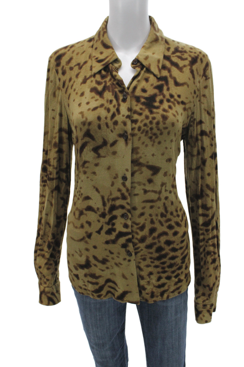 Linda Allard Ellen Tracy Women Brown Animal Print Button-Up Blouse Size 12