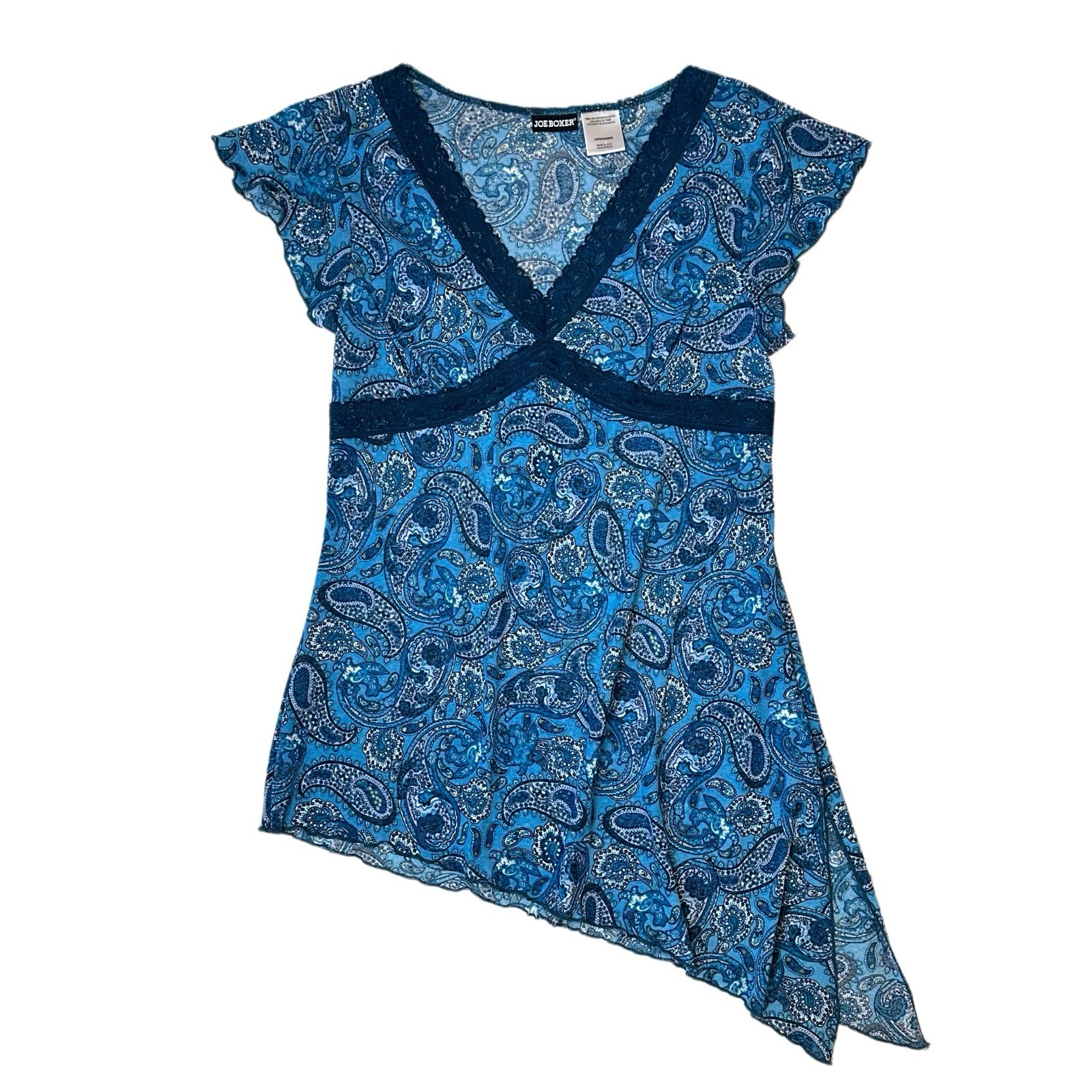 Y2K Blue Paisley Mesh Asymmetric Babydoll Fairy Top Large Lace V-neck Joe Boxer