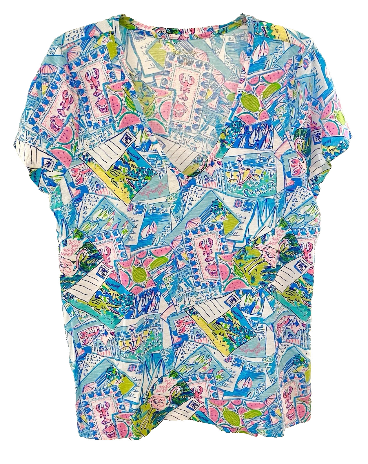 Lilly Pulitzer Etta V-Neck Top XL Wish You Were Here NWT Short Sleeves Shirt