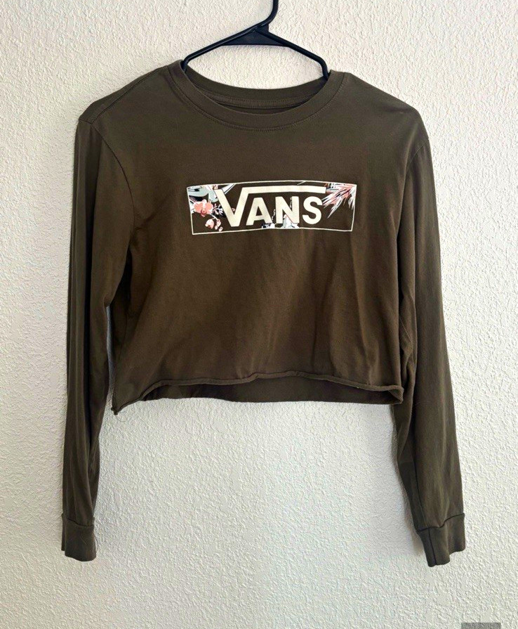 VANS Green Floral Logo Cropped Crew Neck Long Sleeve T-Shirt Women’s XS