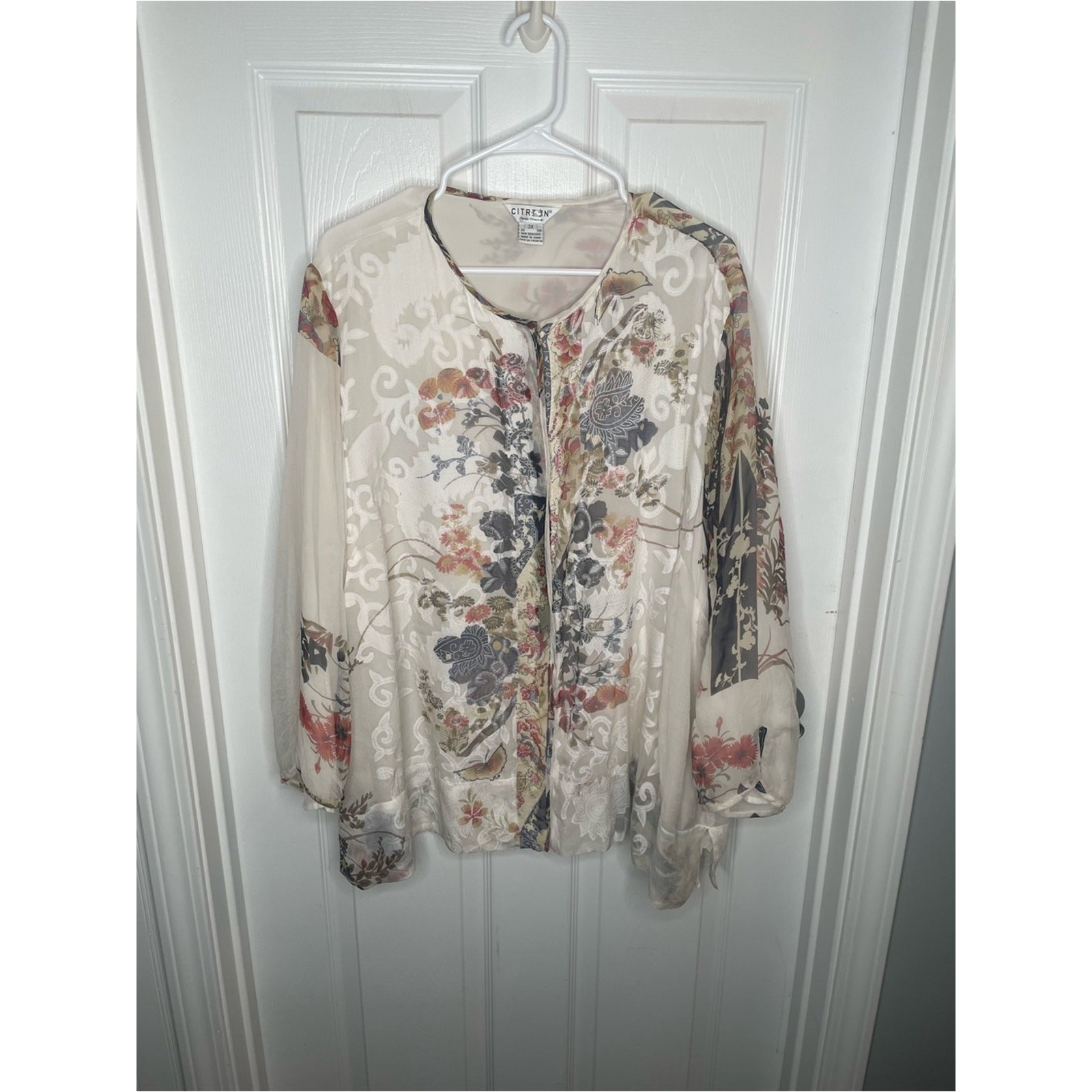 Citron Santa Monica Silk Blend Art to Wear Whimsical Floral Butterfly Blouse 3XL