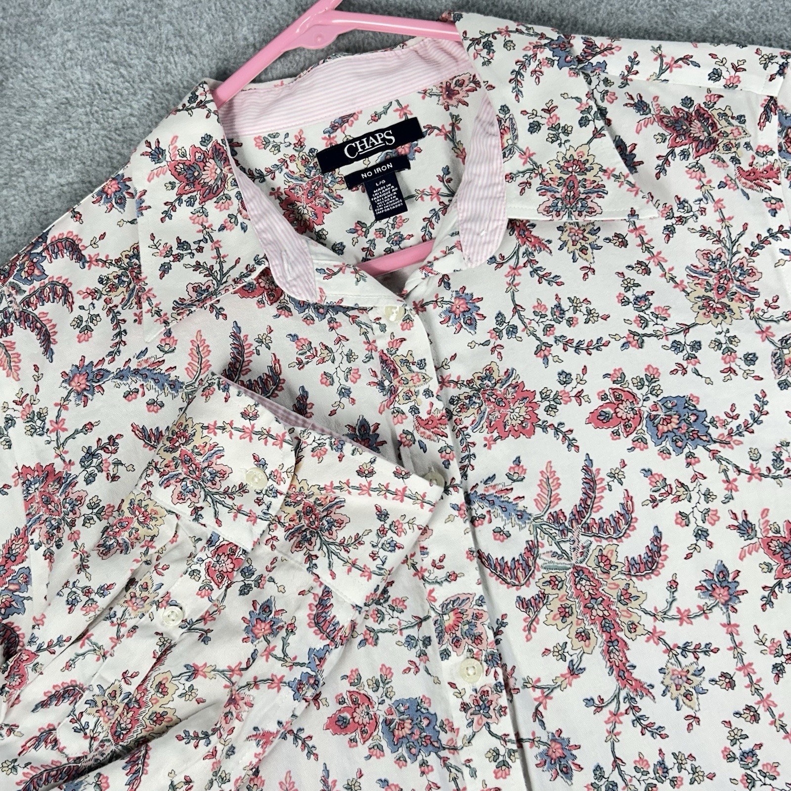 Chaps No Iron Shirt Blouse Pink White Floral 3/4 Sleeve Button Up Size Large