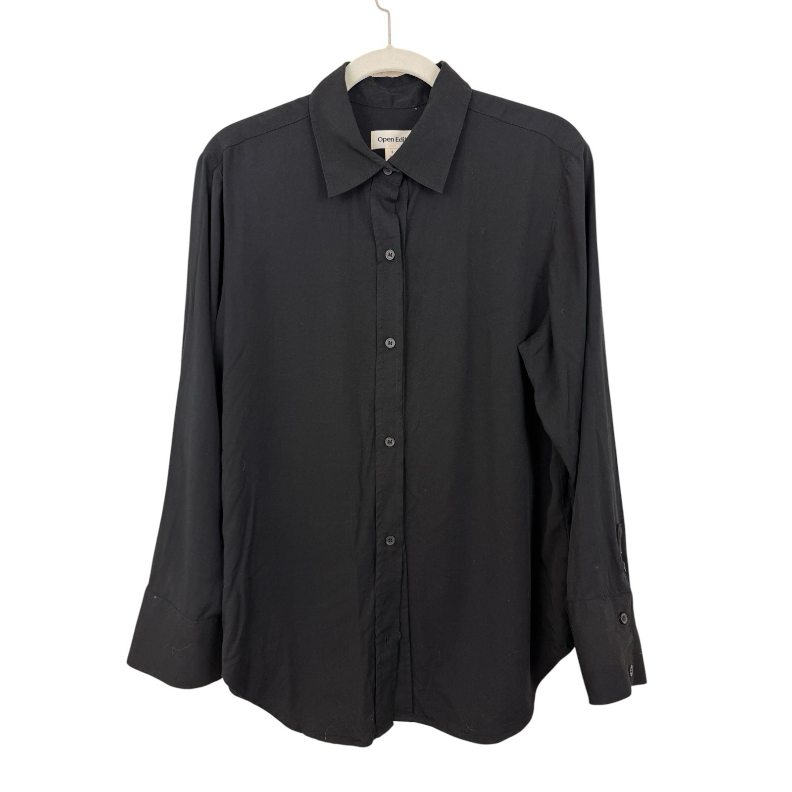 Open Edit Nordstrom Button Up Shirt Womens Sz S Black Rayon Lyocell Long Sleeve