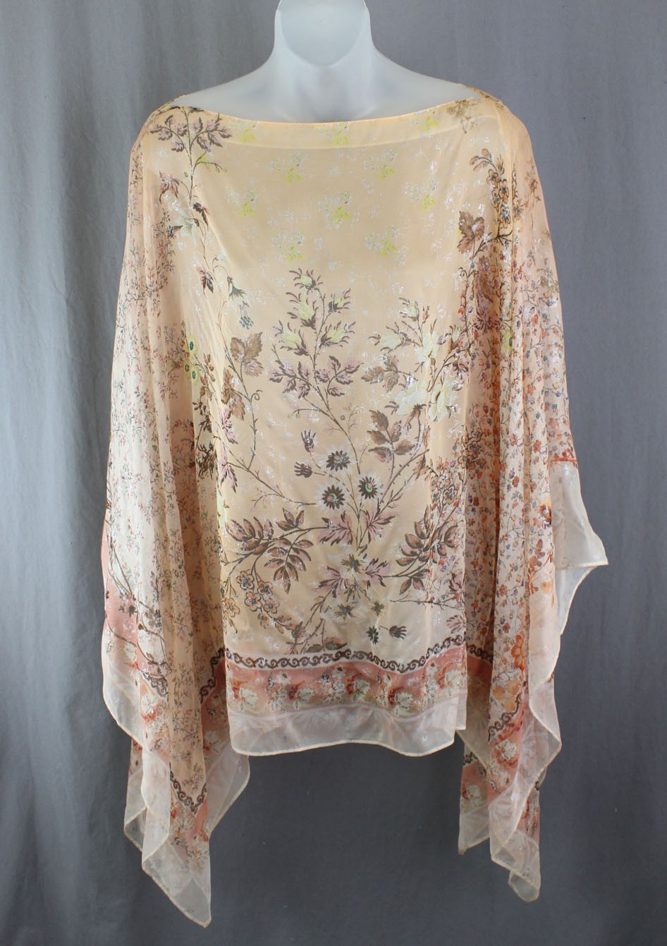 ETRO Women’s Peach Pink Multi Floral Print 100% Silk Sheer Poncho Top OS