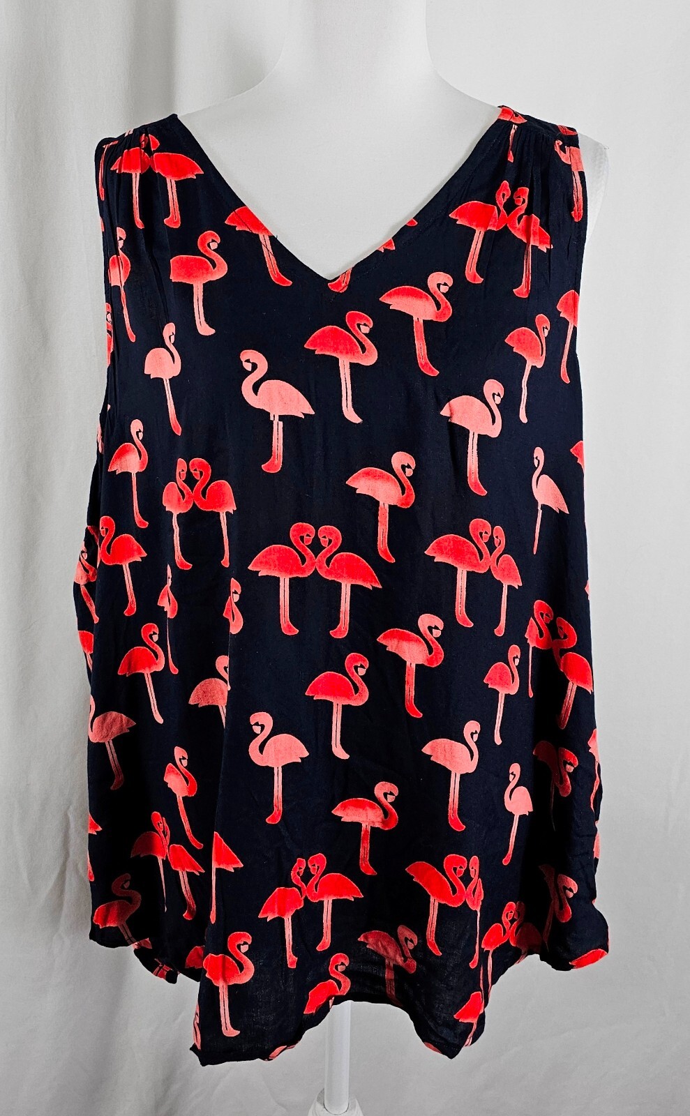 Greater Good Womens Pullover Sleeveless Top Navy Pink Flamingos Rayon 1X