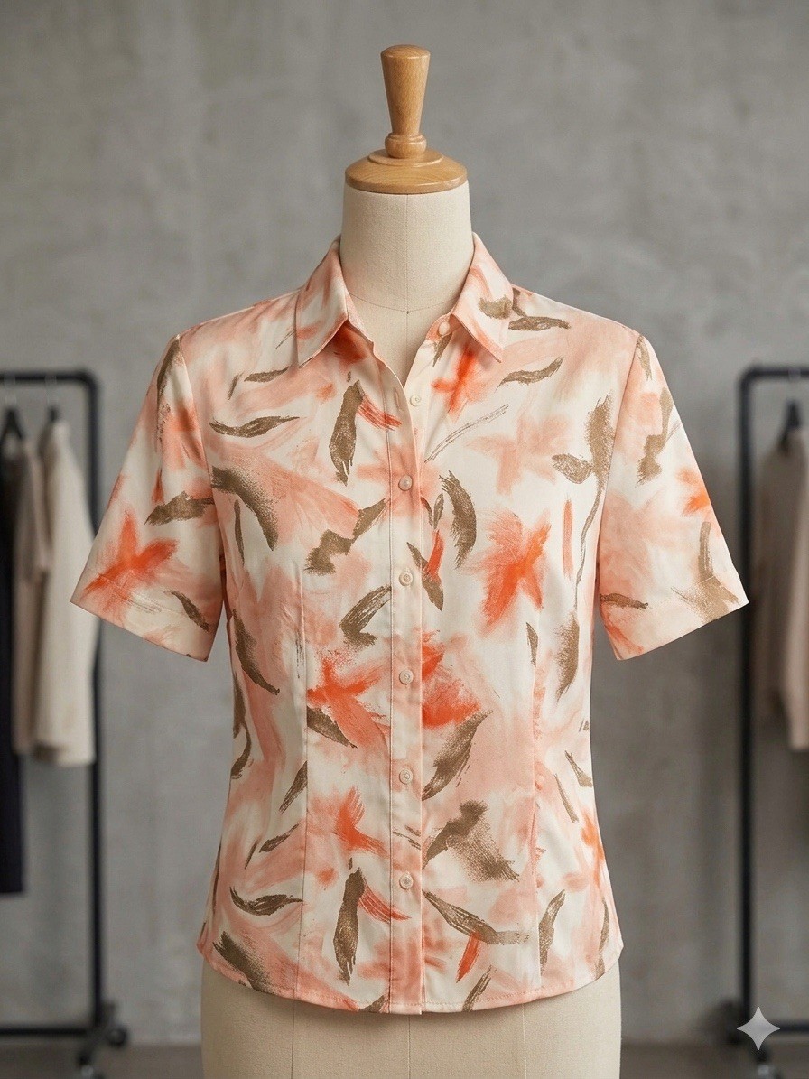 Chico’s Size 3 Tropical Print Top Short Sleeve Roll Tab Floral Button Up B