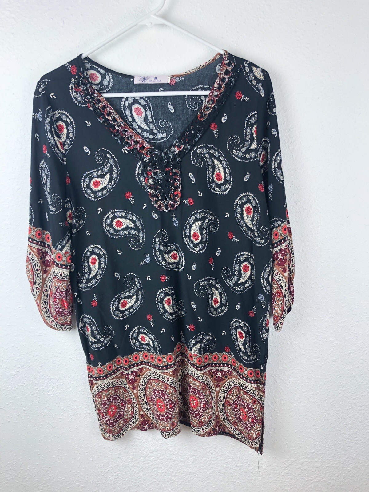 Blossom by P Tunic Top Black Red Paisley SZM 3/4 Ruched Sleeves Boho Hippie A19