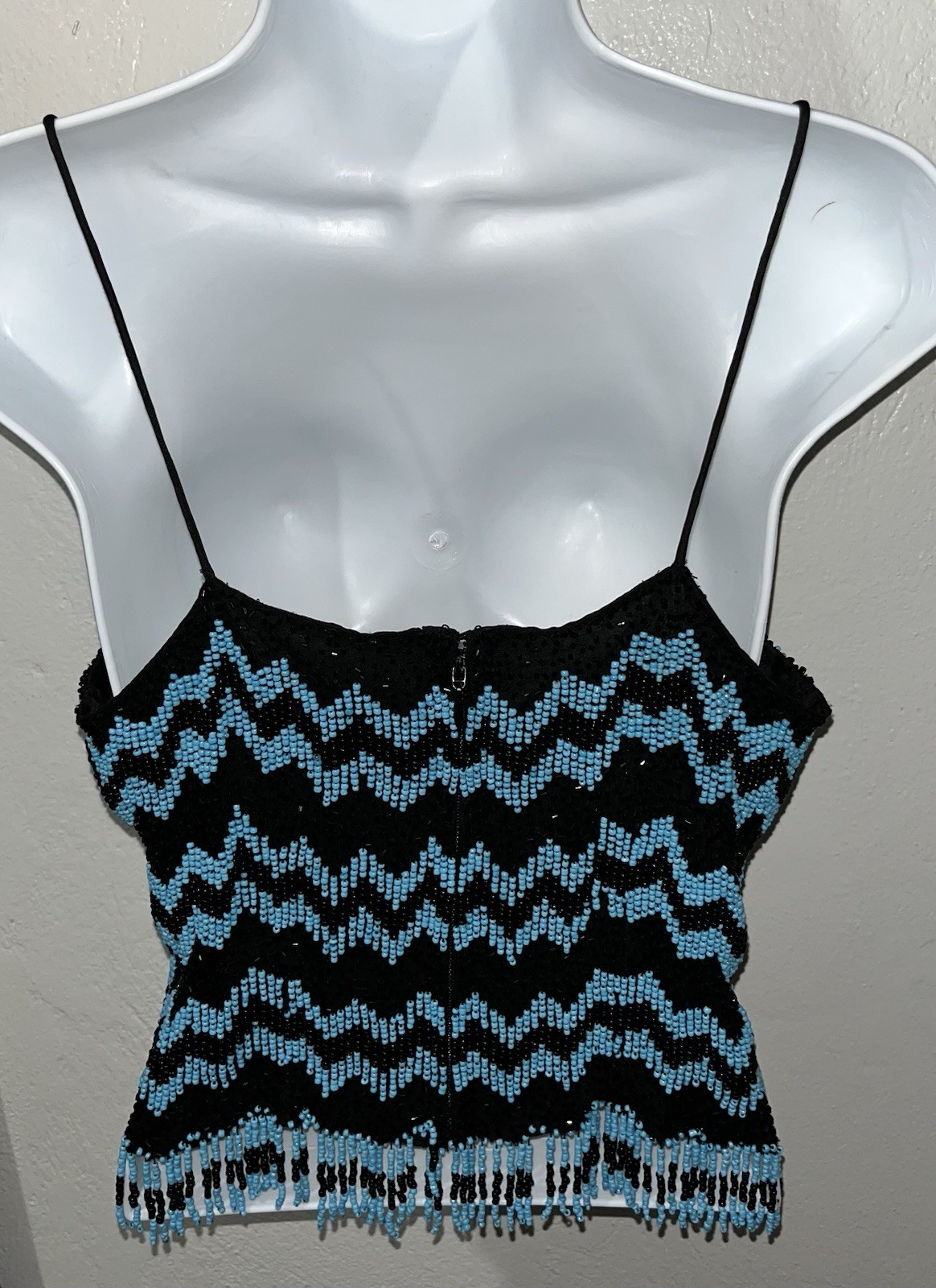 Vintage Beaded Camisole 80s Turquoise Black Chevron Fringe Spaghetti Y2K Sz L?