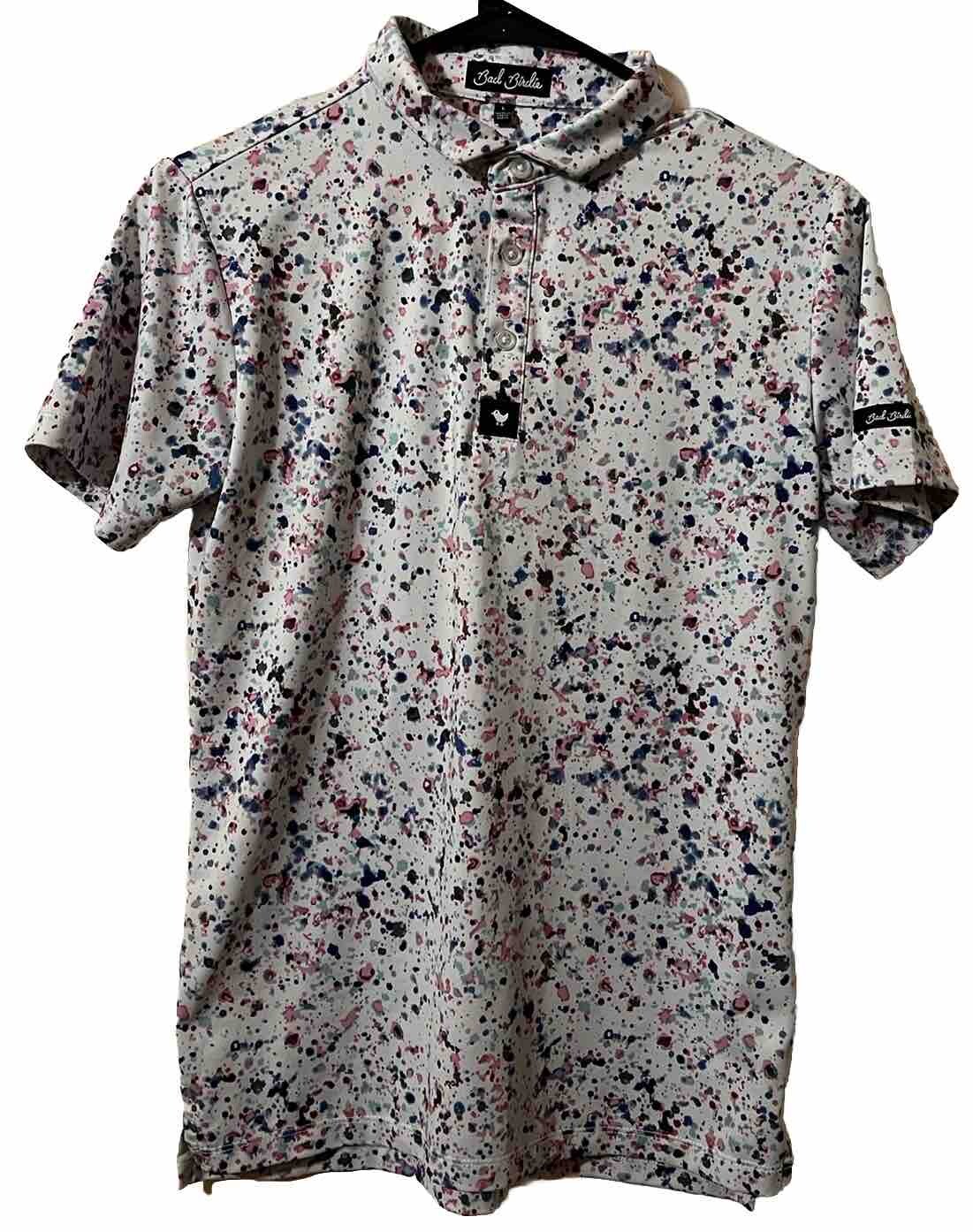 Bad Birdie Small Short Sleeve 1/4 Button White Purple Pink Splatter Polo Shirt