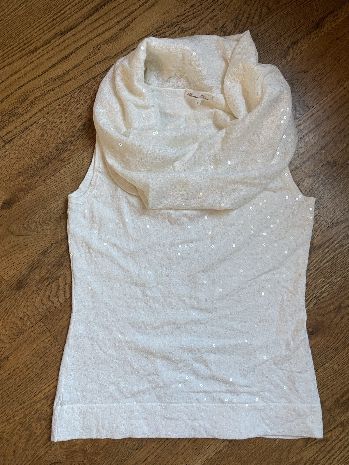 Minnie Rose Womens Cowl Neck Sleeveless Knit Top Ivory White Sequin Size Small