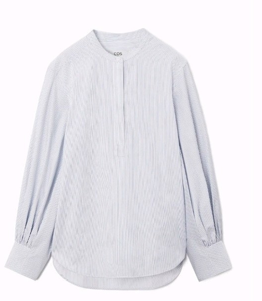 COS Gathered Grandad Collar Shirt Blue/White Stripes,EU 36 Uk 10/12, 100% Cotton