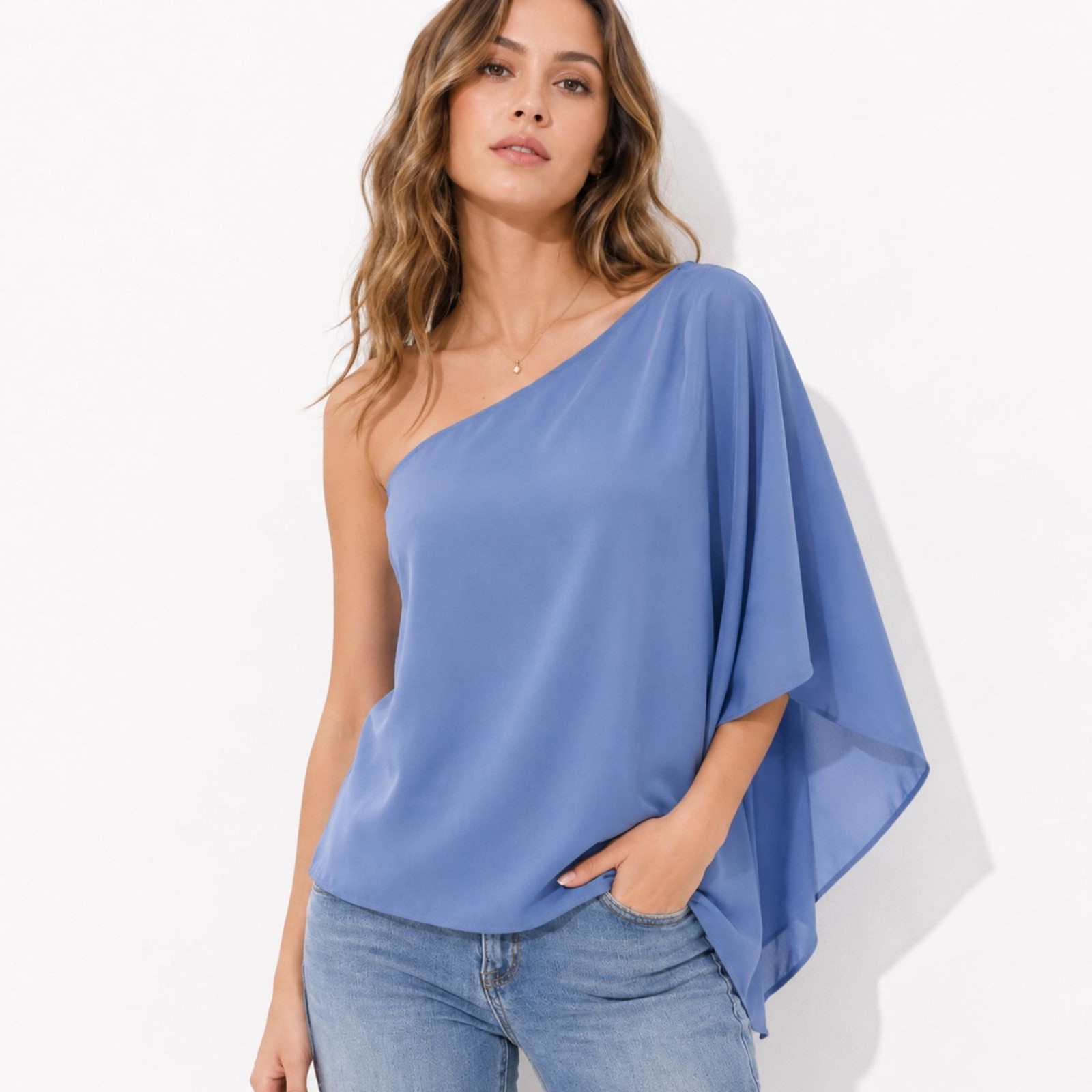 Porter St. NEW One Shoulder Blue Blouse Asymmetrical Cape Sleeve Boho Chic L