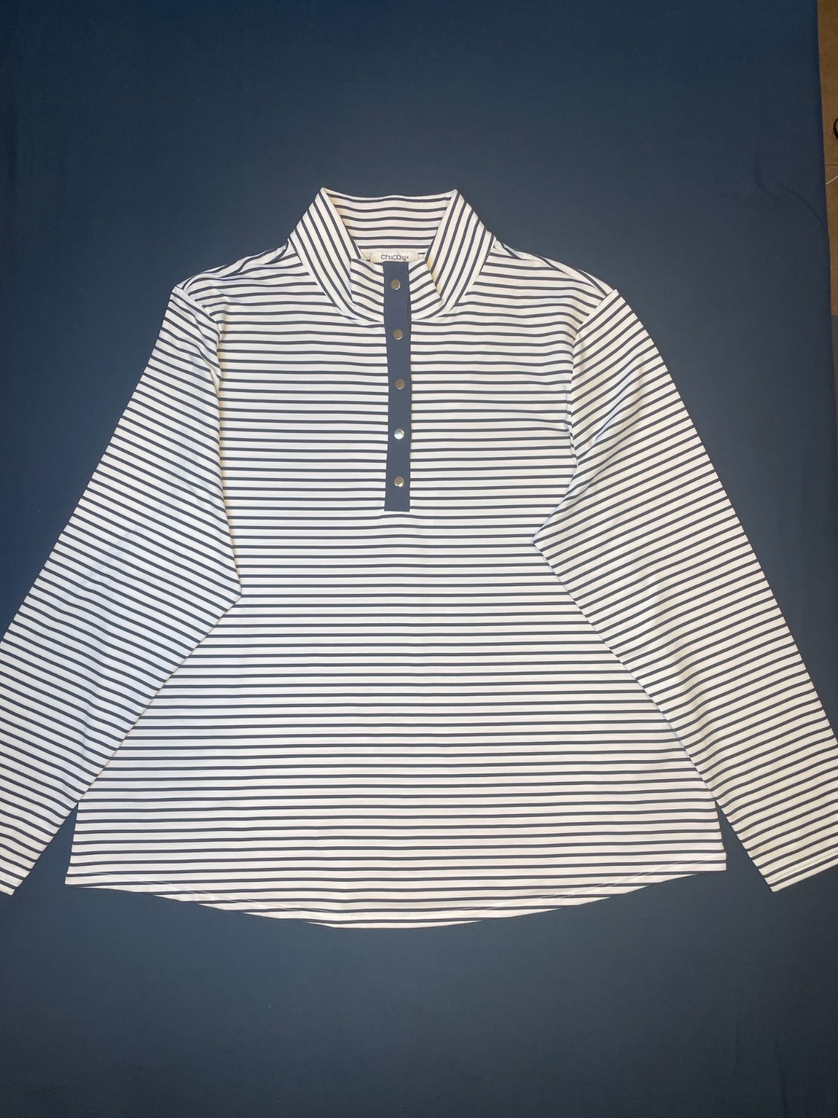 Chico’s Women’s XL White Navy Stripe Long Sleeve Stretch Top Made in Sri Lanka