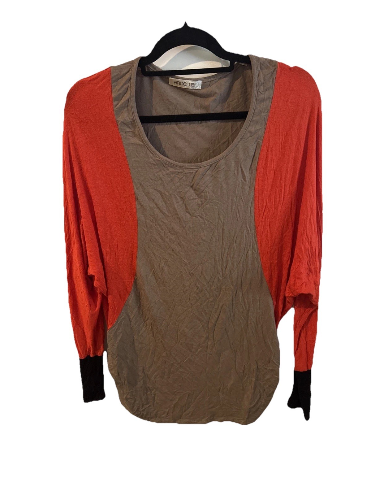 Arden B Color block Dolman Top ruched Sides Medium Brown Red-Orange black