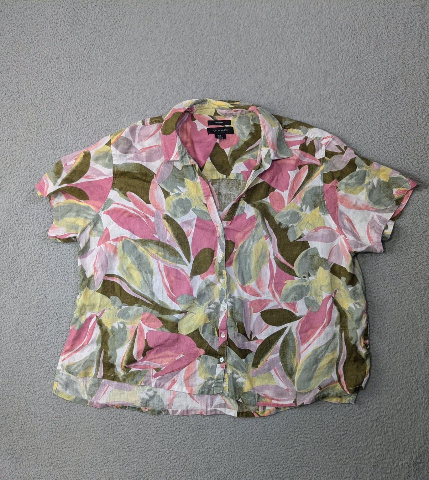 Tahari 100% Linen Shirt Womens 2X Floral Leaf Pattern Button Open Camp Style