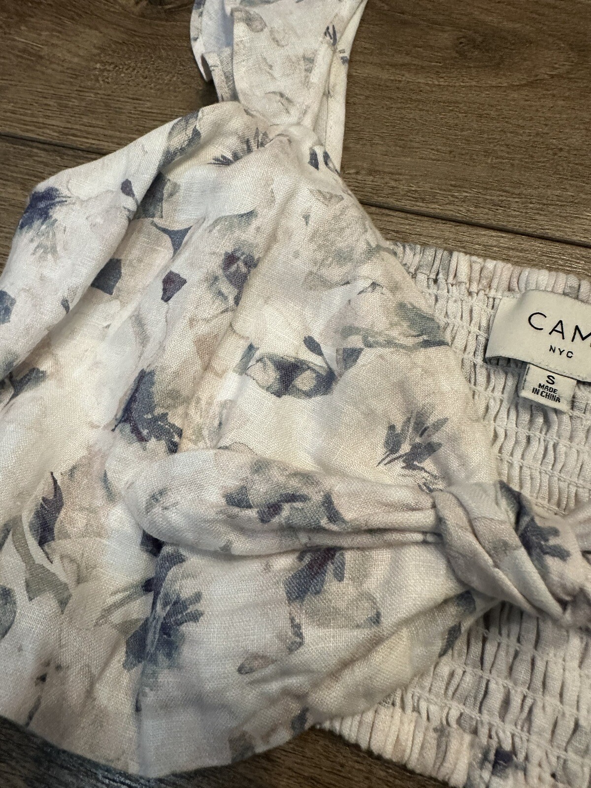 Cami Layla Linen Crop Top Floral Print Size Small Tie Front Ruffle Flutter Strap
