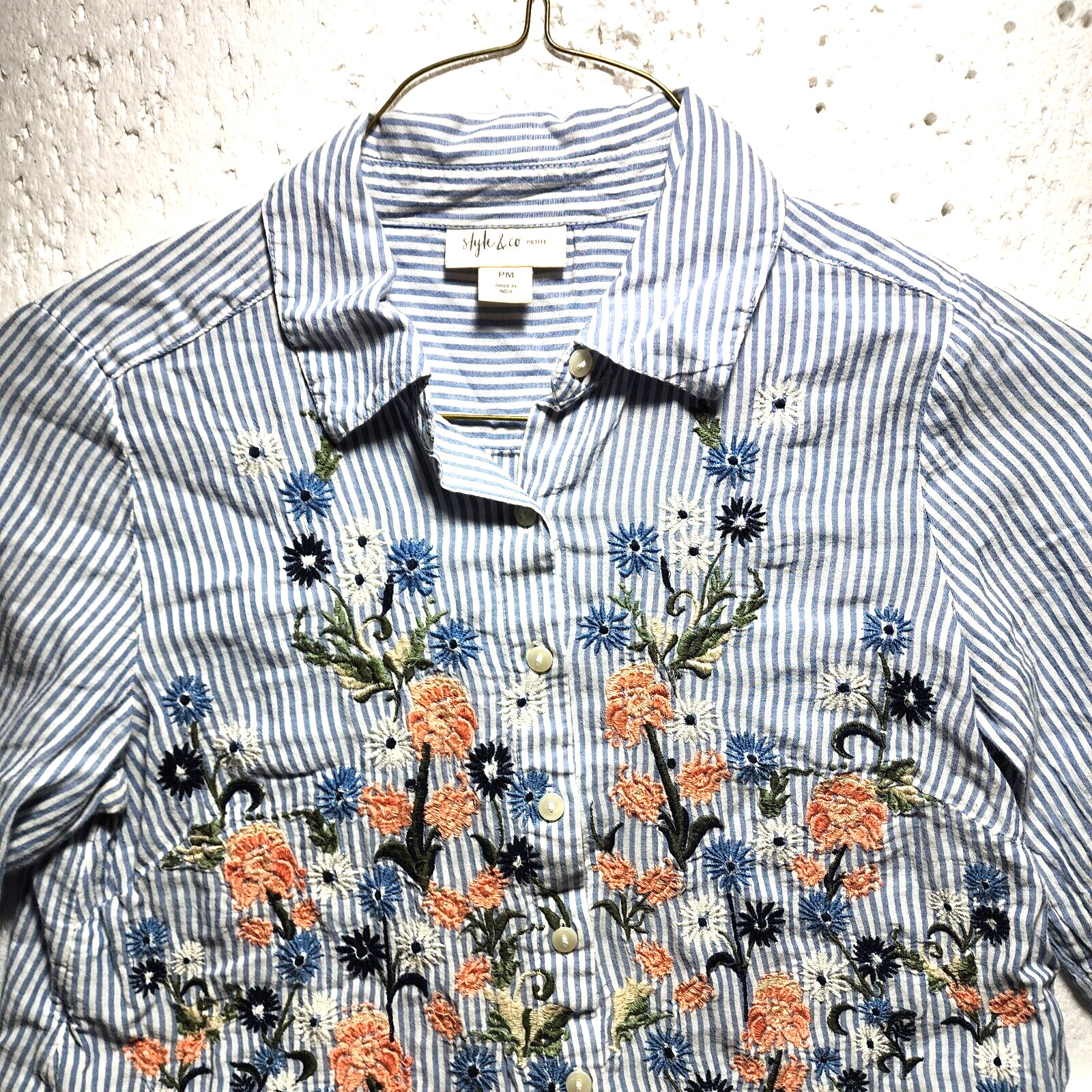 Style & Co Top Womens Medium Petite Blue Striped Embroidered Plants Long Sleeve