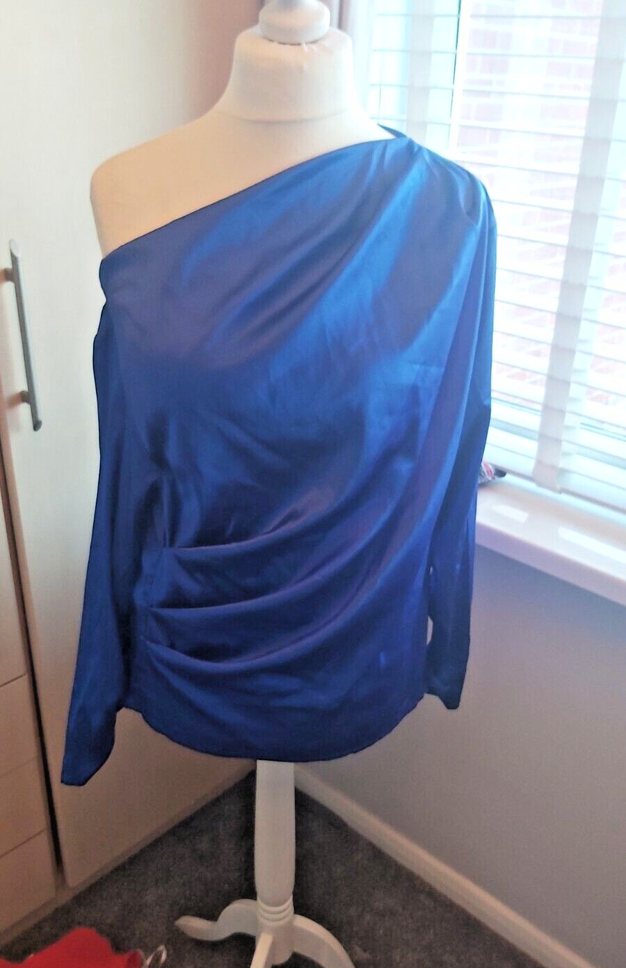 SHEIN BAE Asymmetrical Neck off shoulder cobalt blue satin feel top NEW L 12