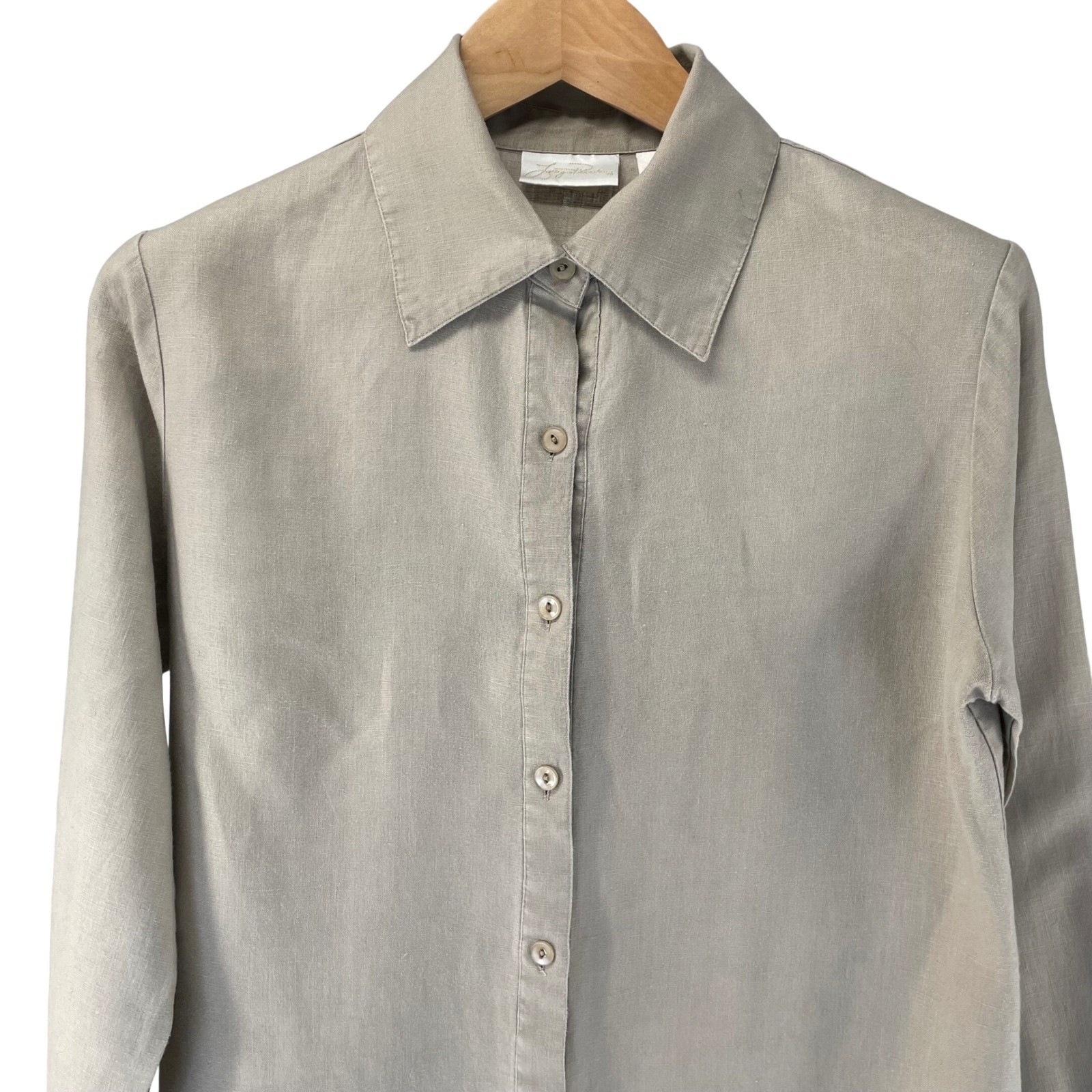 Lucy Pereda Button-Up Shirt Women’s L 100% linen Sand Color Coastal Summer Chic