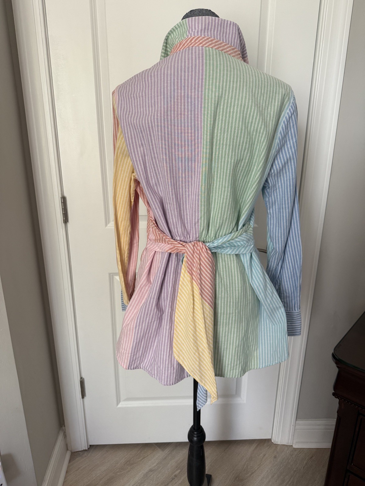 Tommy Hilfiger Women Striped Multi Colorblock Tie Front Cotton Blouse Top Sz L