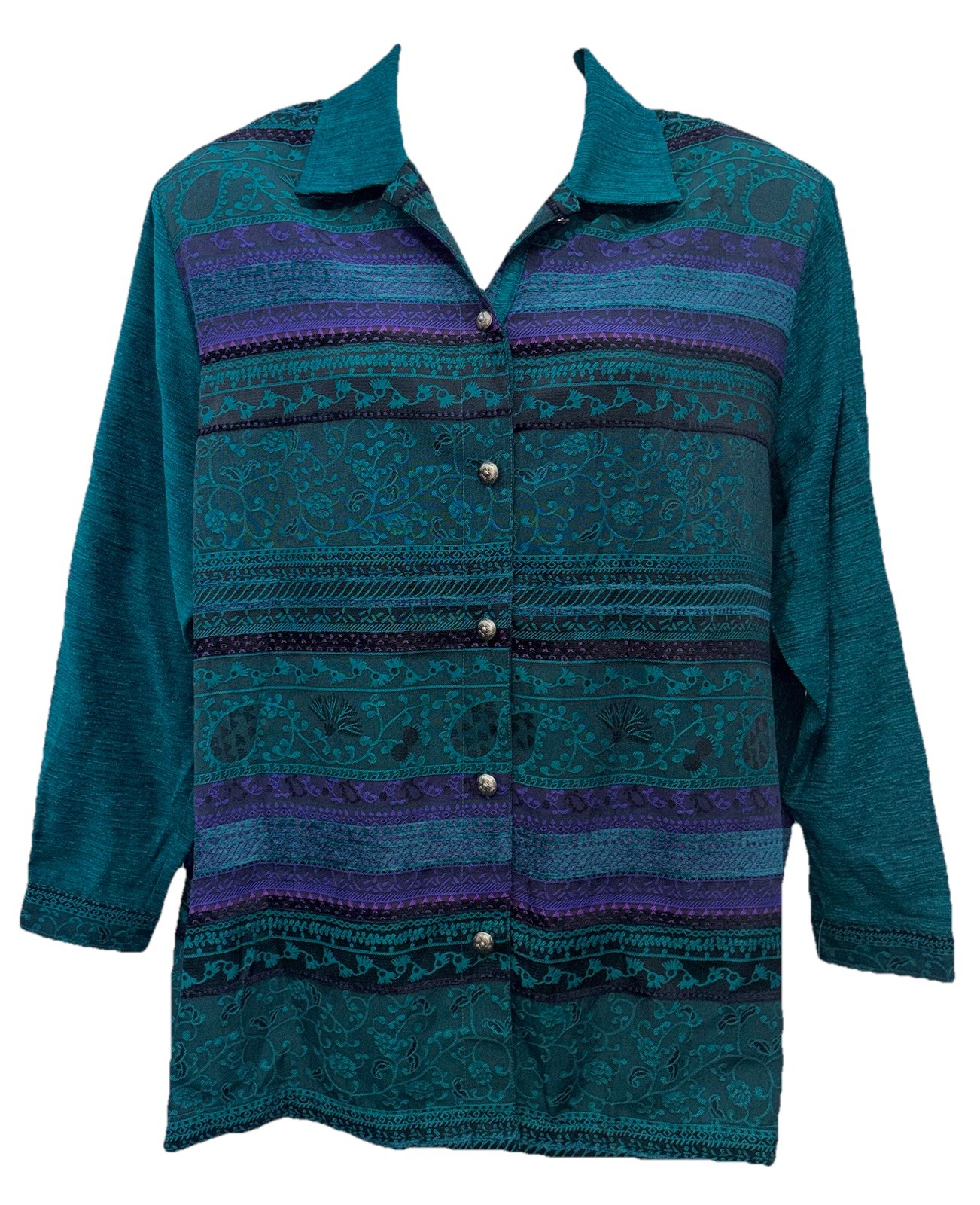Erin London Women Size 2X Button Up Long Sleeve Floral Tapestry Blouse Teal/Purp