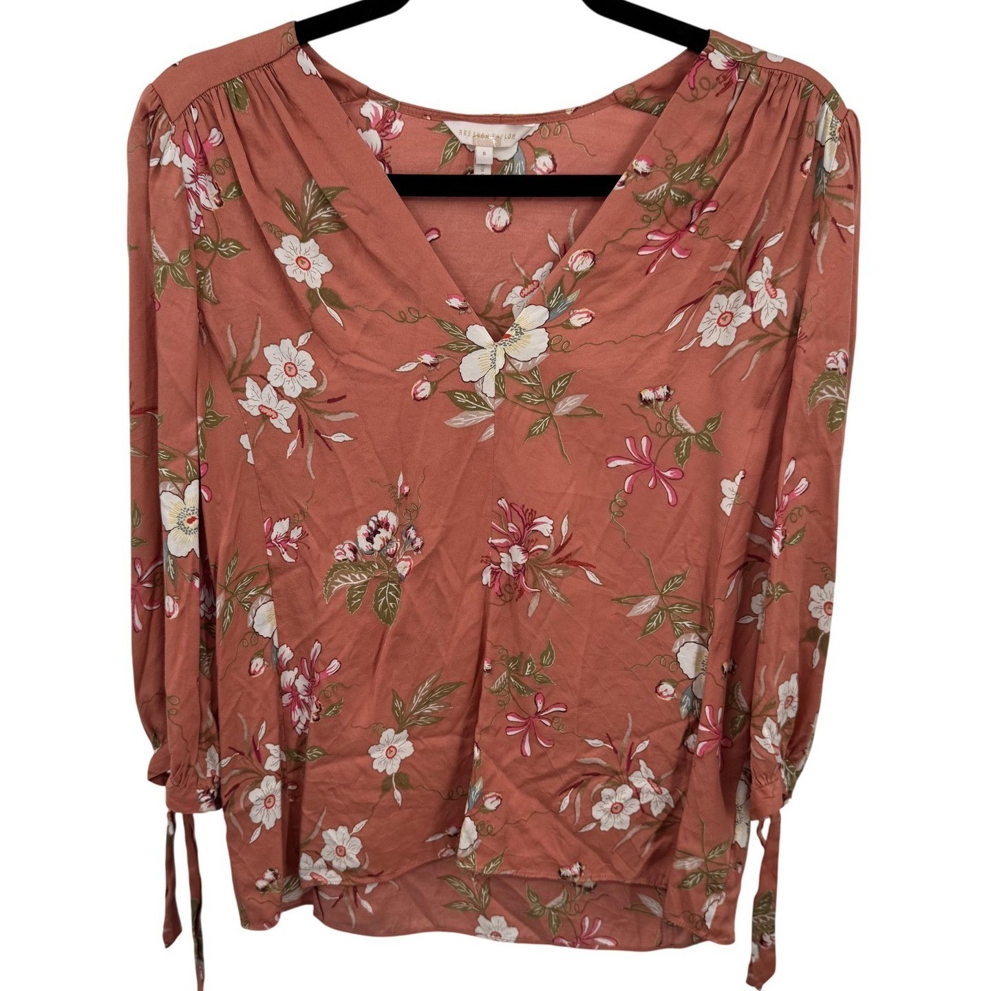 Rebecca Taylor Womens Silk Blend Floral Blouse 8 Orange Tie Cuff Cottagecore