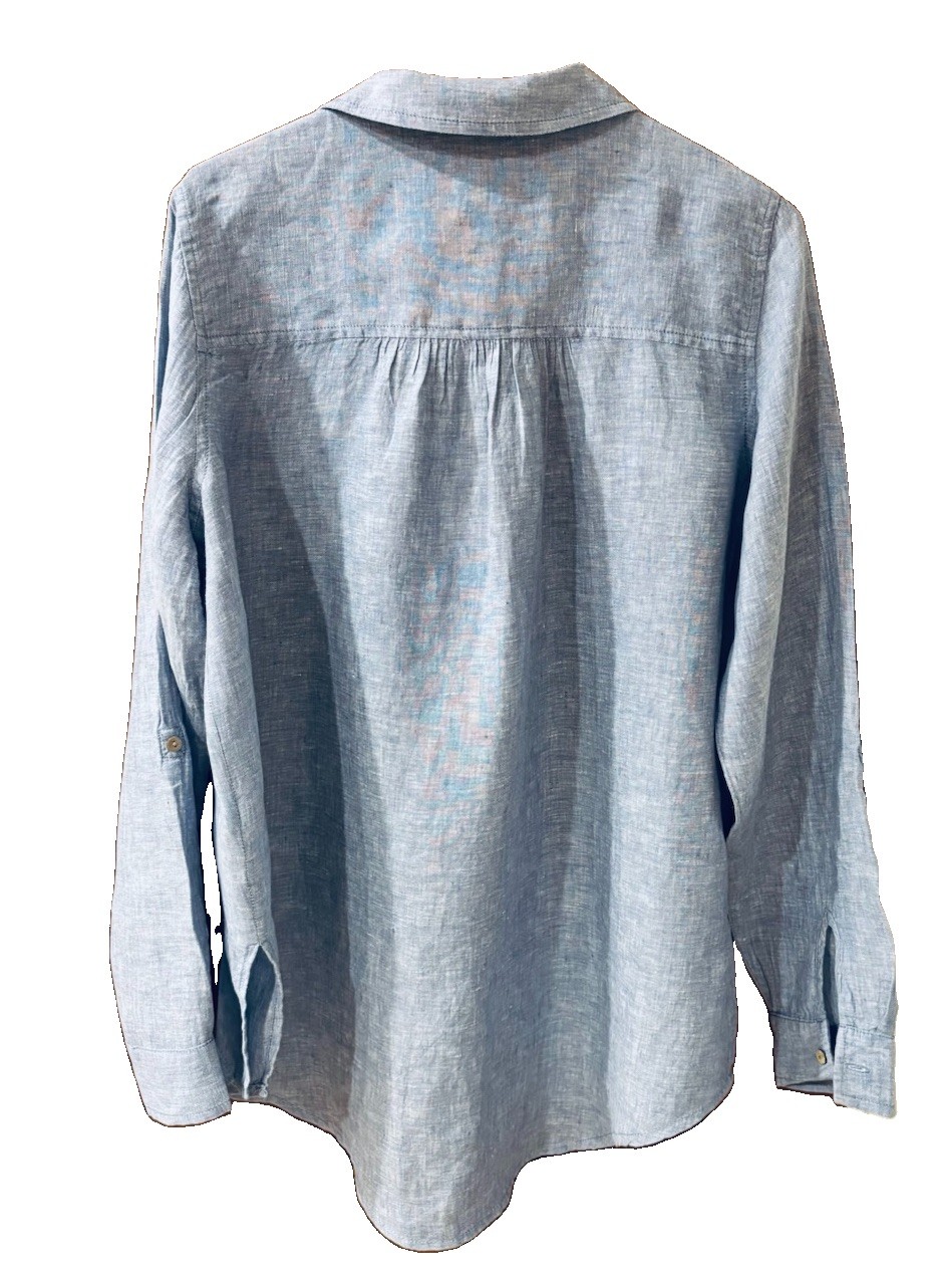 Sigrid Olsen Linen Tunic Top Women’s Medium Blue Roll-Tab Sleeve High-Low Hem