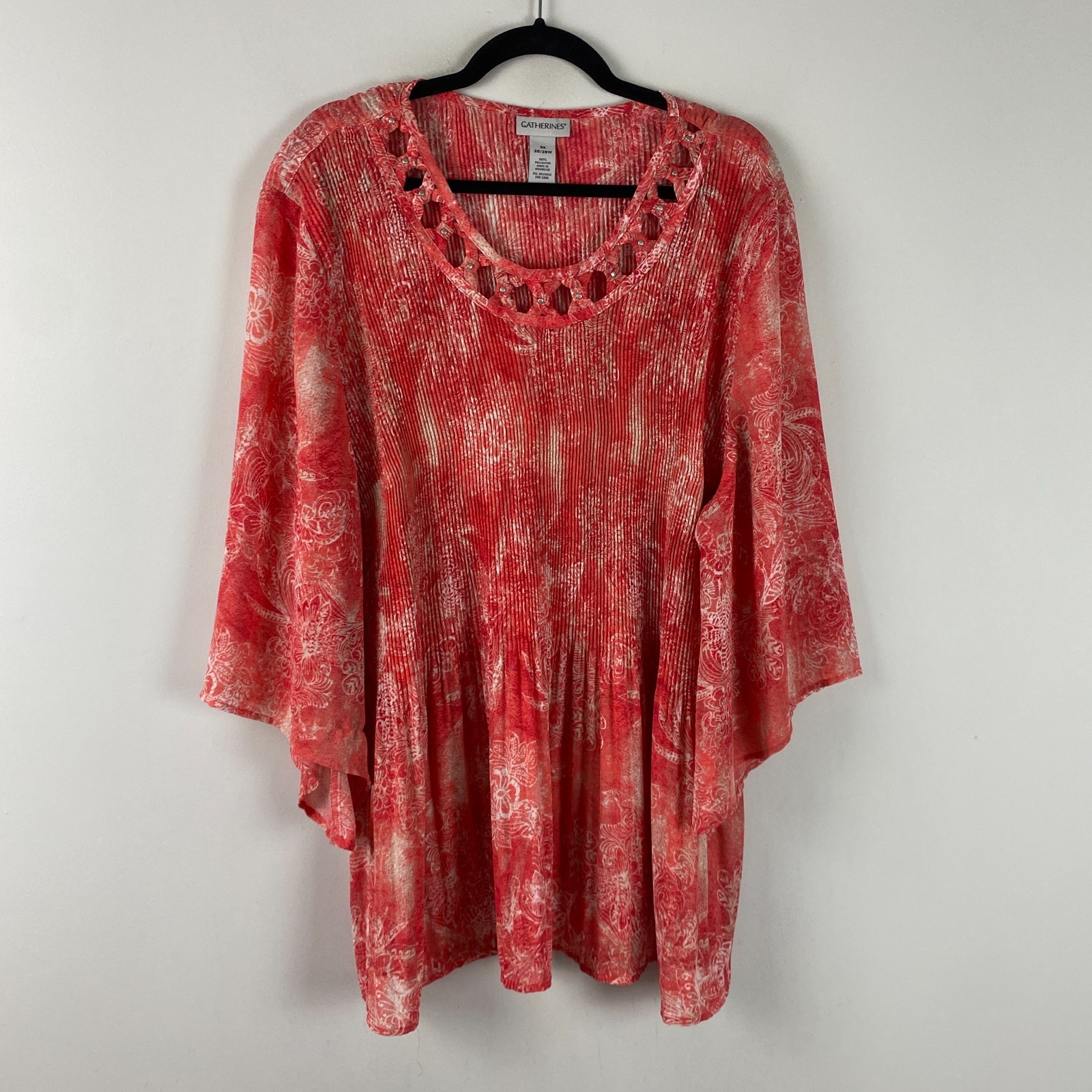 Catherines Tunic Womens Size 3X Coral Floral Pleated Bell Sleeve Embellished