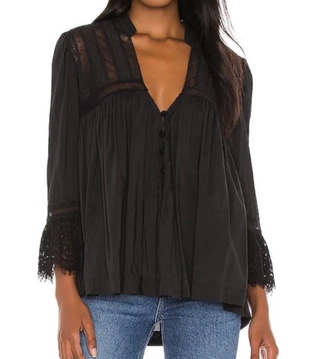 Free People Womens Esme Button Down Blouse Top Sz XS Black Long Sleeve Lace