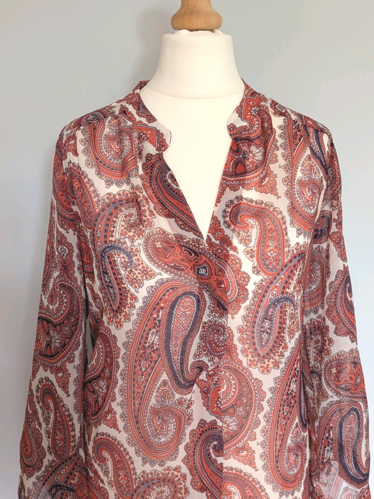 Wallis Paisley Print Women’s Sheer Blouse Summer 3/4 Roll Up Sleeve Size S
