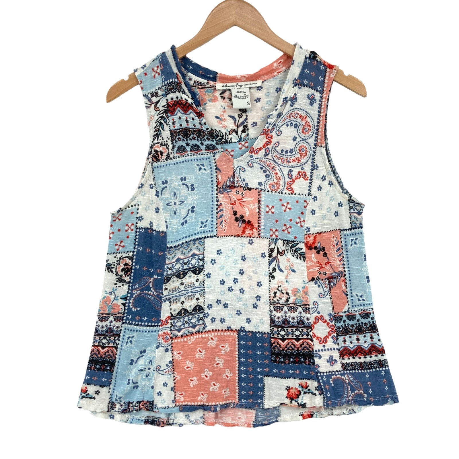 American Rag Cie Tank Top Womens Small Multi Geo Print Knit 100% Rayon Pullover