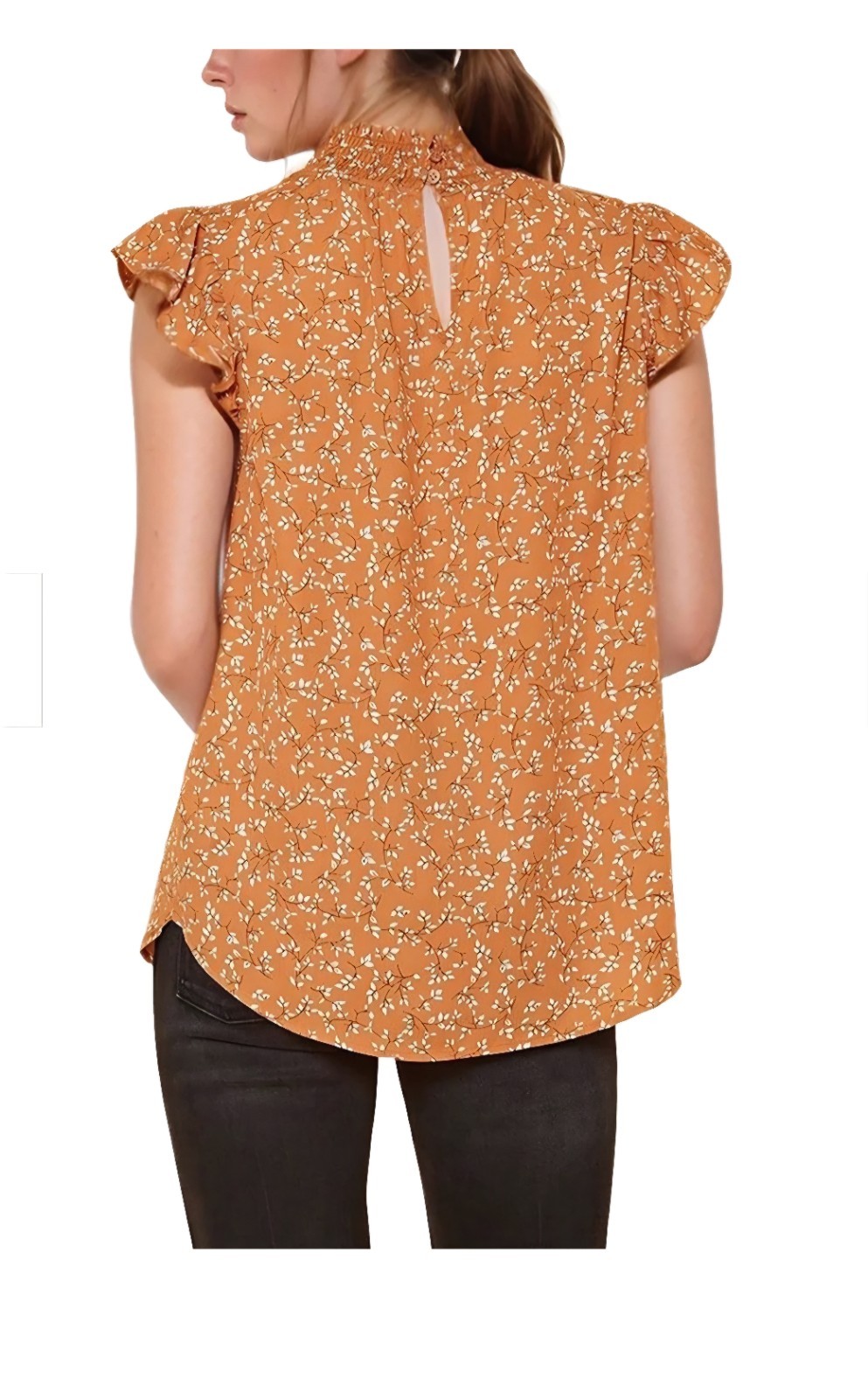 Pleione Brown Floral Mock Neck Sleeveless Chiffon Ruffle Blouse Cottagecore
