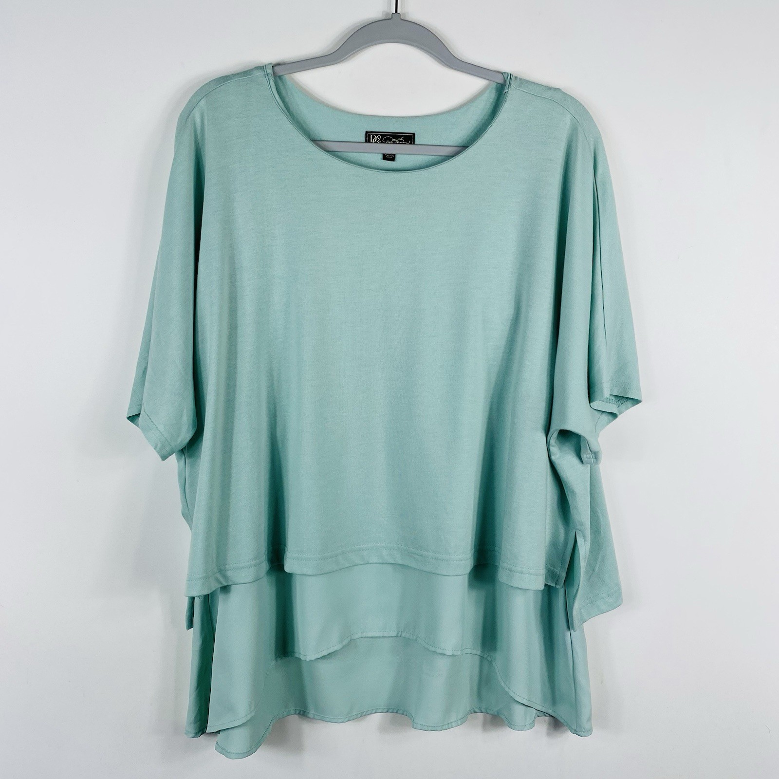 Diane Gilman DG2 Top XL Green Short Sleeve Mixed Media Dolman Sleeve Layered