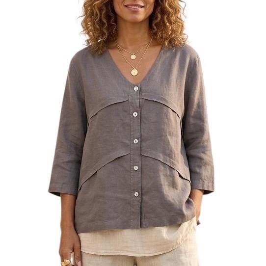 Mosaic USA 100% Linen Womens Button Front V-Neck Blouse Taupe Grey Lagenlook Top