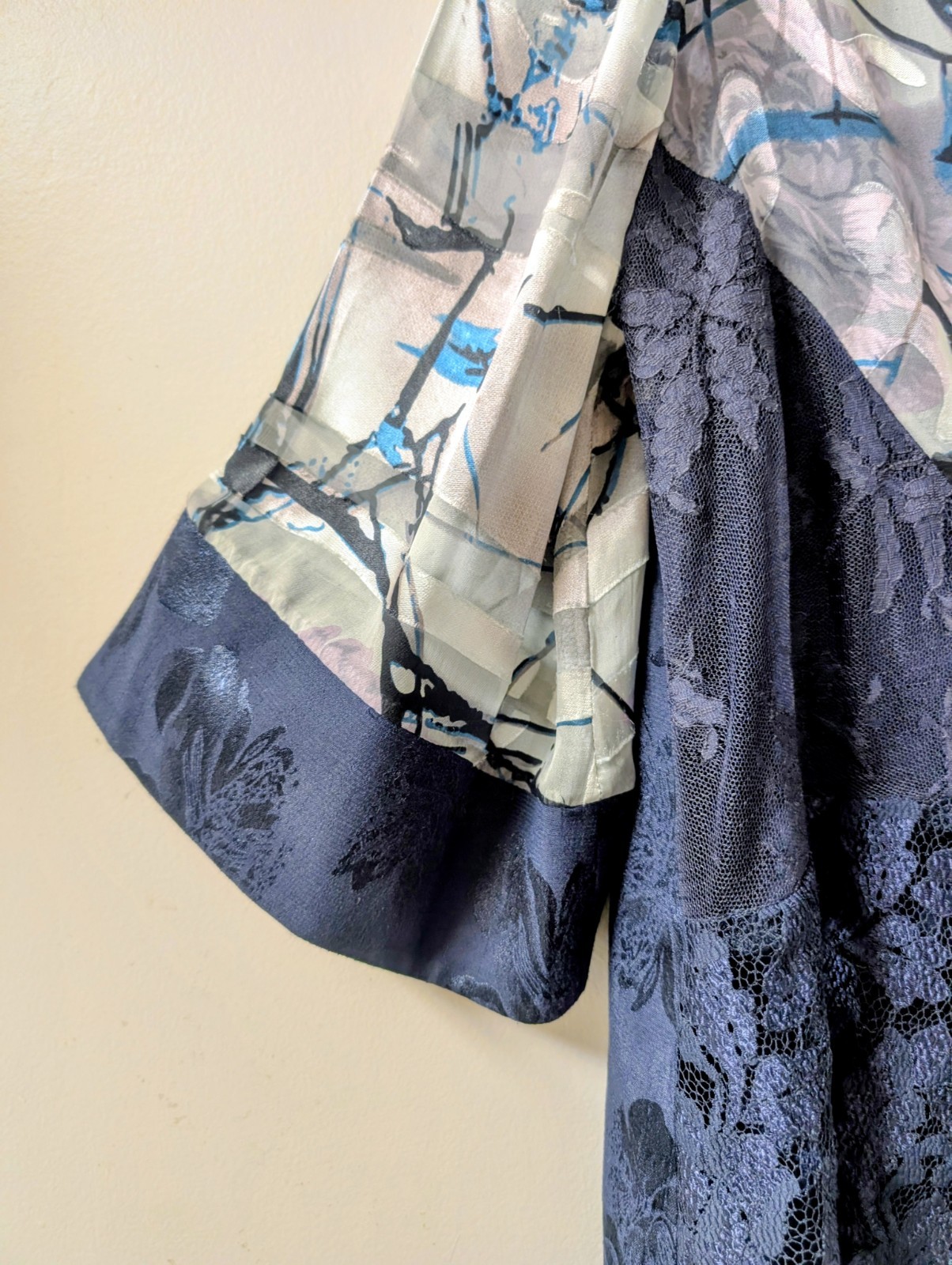 Vintage Violet Kay Silk Rayon Midnight Blue Lace Bling Blouse Kimono Style L