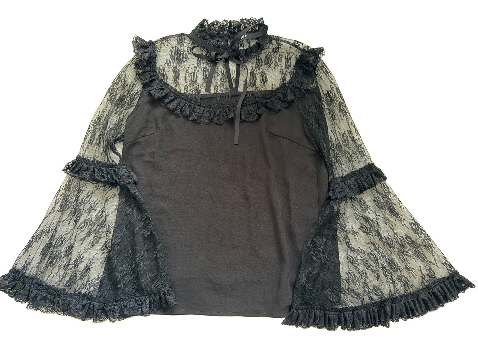 INA Black Gothic Lace Blouse Bell Sleeve Victorian Romantic Size M