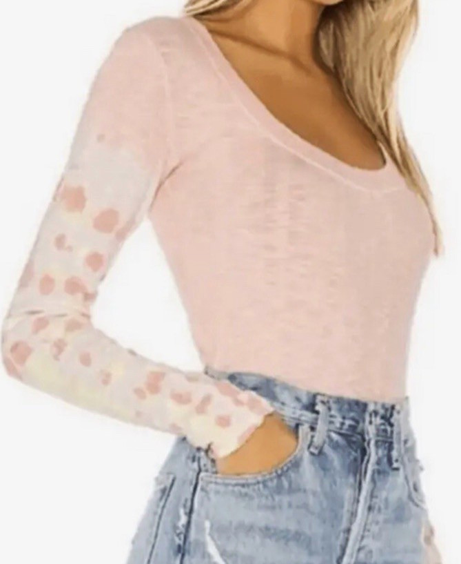 We The Free Thermal Ribbed Tie-Dye Pink/White Scoop Neck Long Sleeve Top S