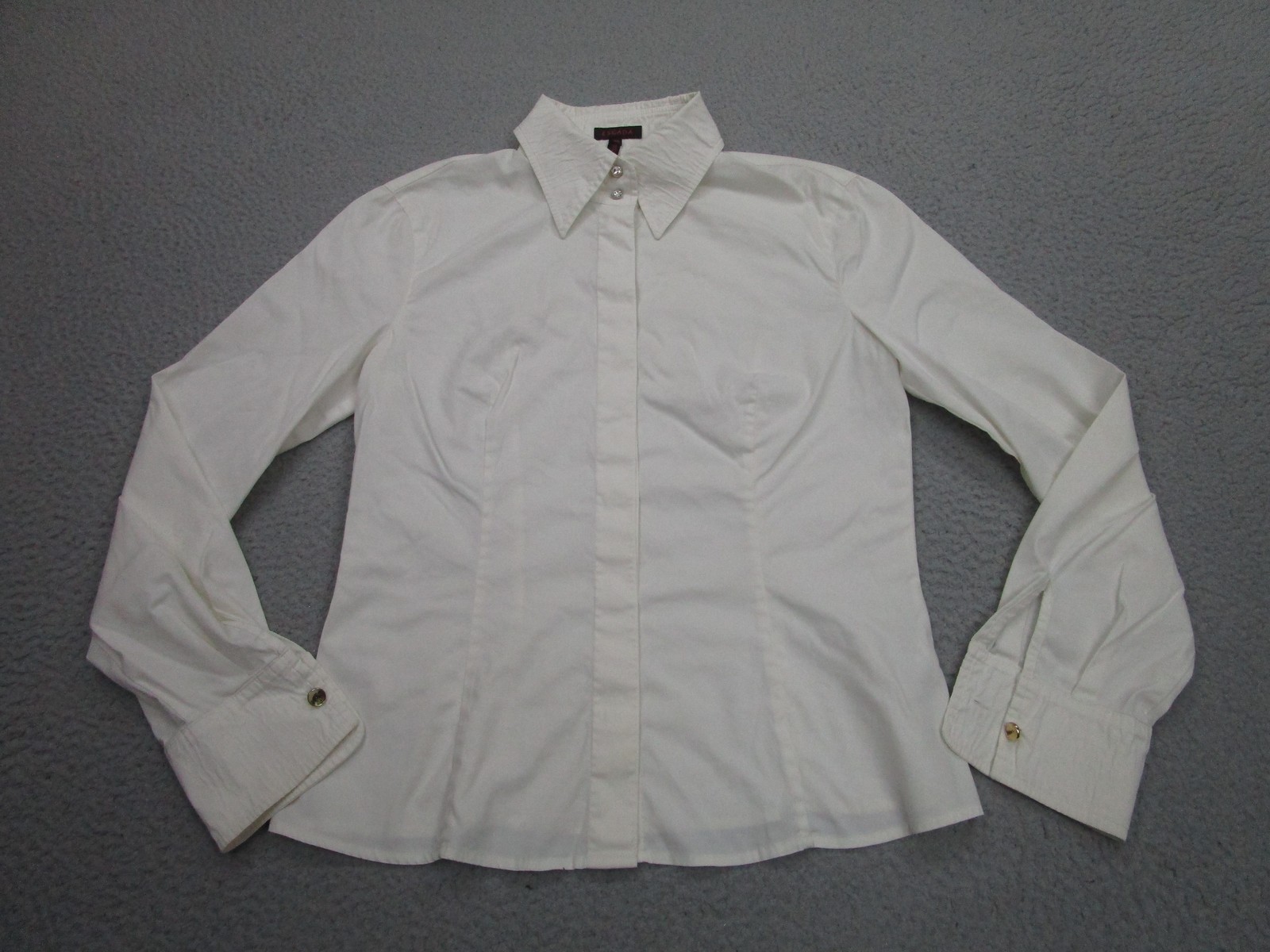 Escada Blouse Womens 36 White Stretch Button Front Rhinestone Cuffs Slim Fit