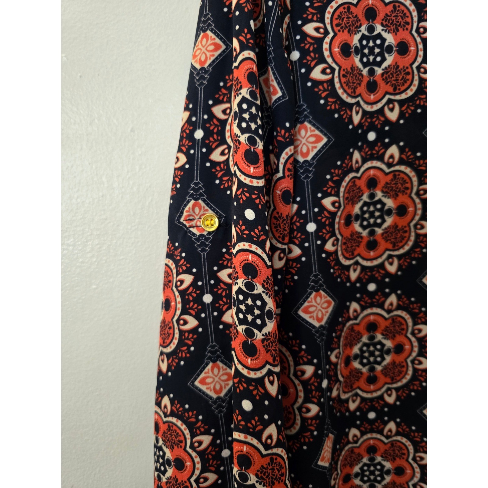 Whimsical Park Navy Coral Medallion Print Roll Tab Sleeve Zip Blouse Medium
