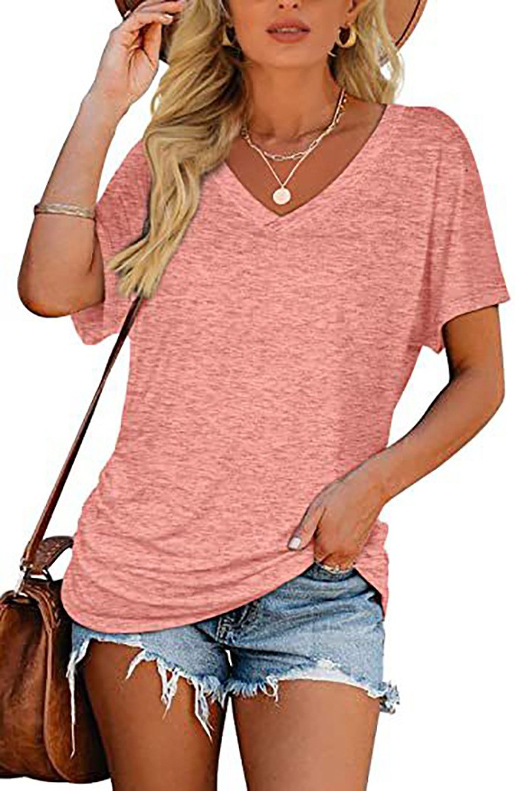 Women’s Solid V-Neck Short Sleeve T-Shirt Loose Cotton Blend Summer Tee Blouse