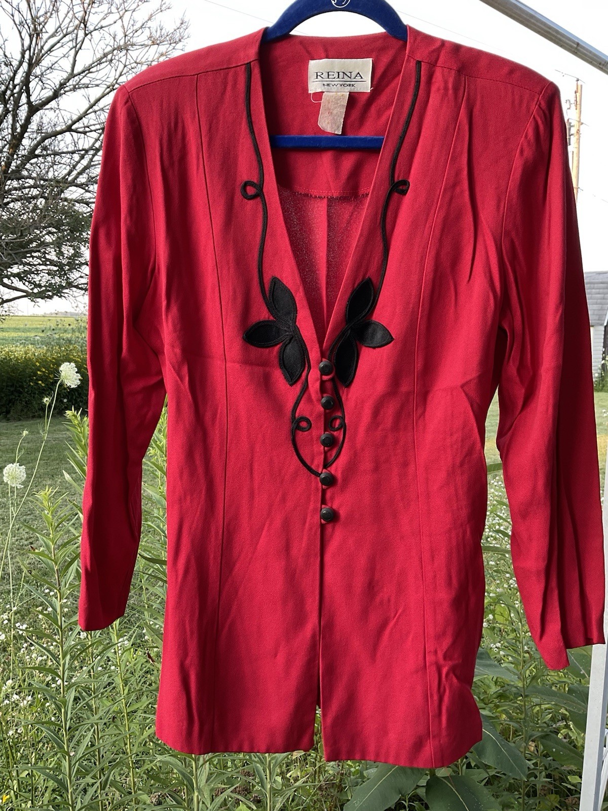 Reina New York Womens LS Red W/Black Flowers Sz 12 VTG Secretary 80s 90s Retro