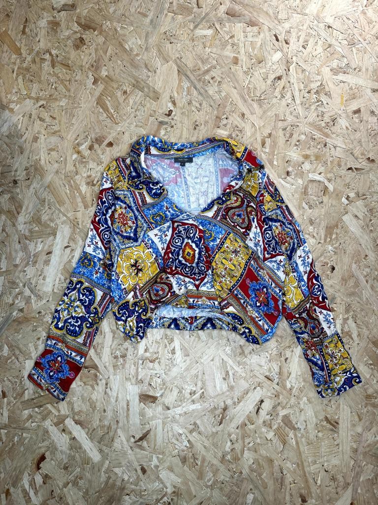 Haute Hippie Style Women’s Large Crop Top Blouse Tile Paisley Print Long Sleeve
